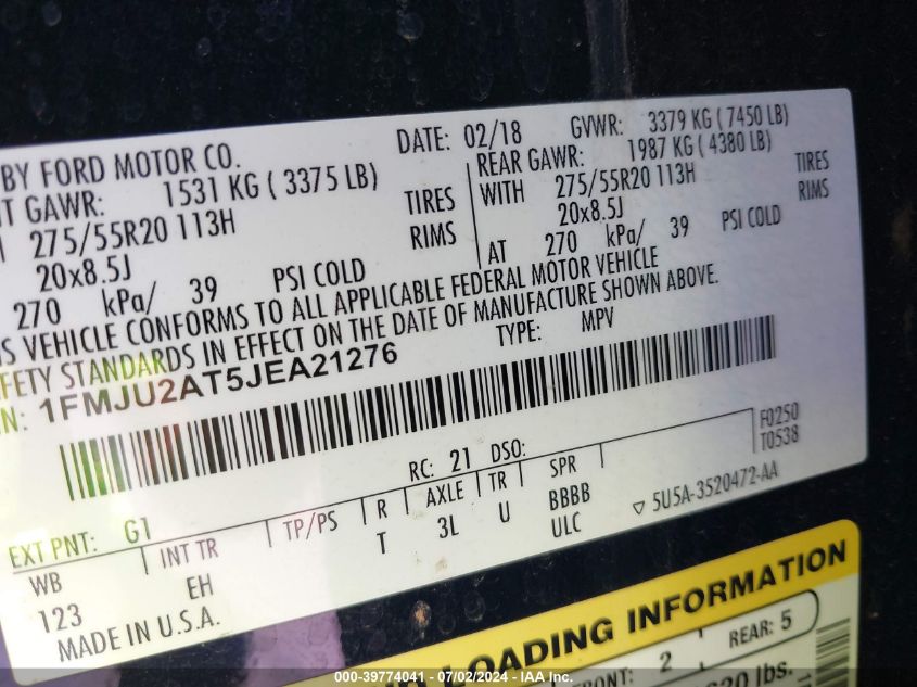2018 Ford Expedition Limited VIN: 1FMJU2AT5JEA21276 Lot: 39774041