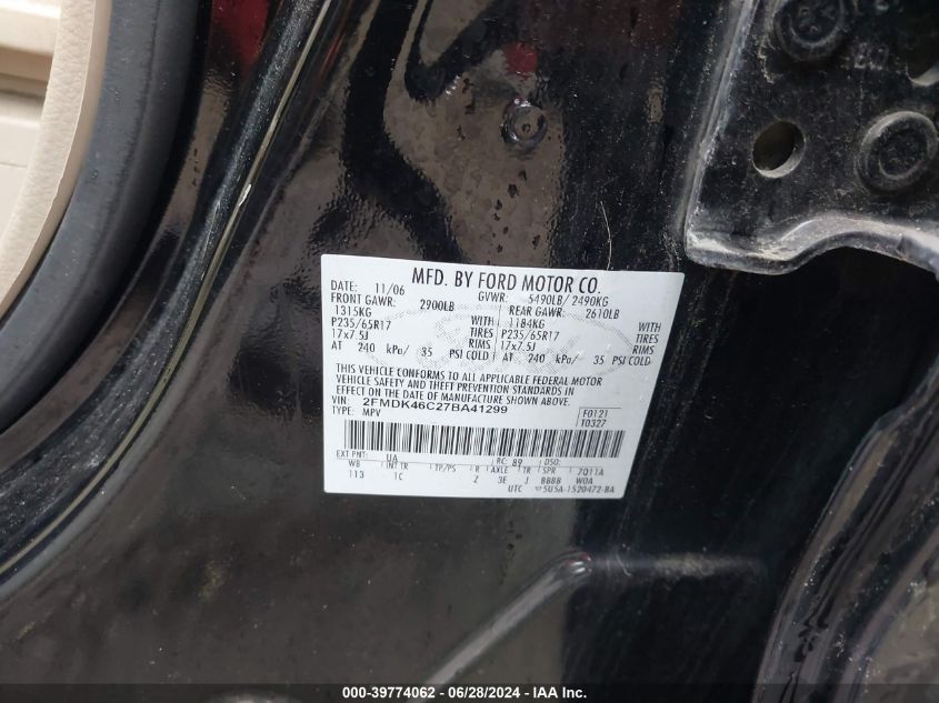 2007 Ford Edge Se VIN: 2FMDK46C27BA41299 Lot: 39774062