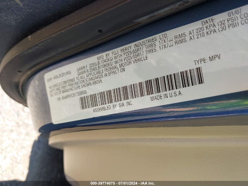 2007 Subaru Outback 2.5I VIN: 4S4BP61C677339505 Lot: 39774075