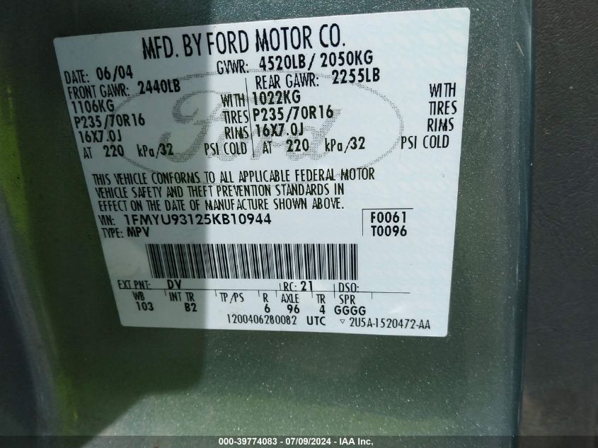 2005 Ford Escape Xlt VIN: 1FMYU93125KB10944 Lot: 39774083