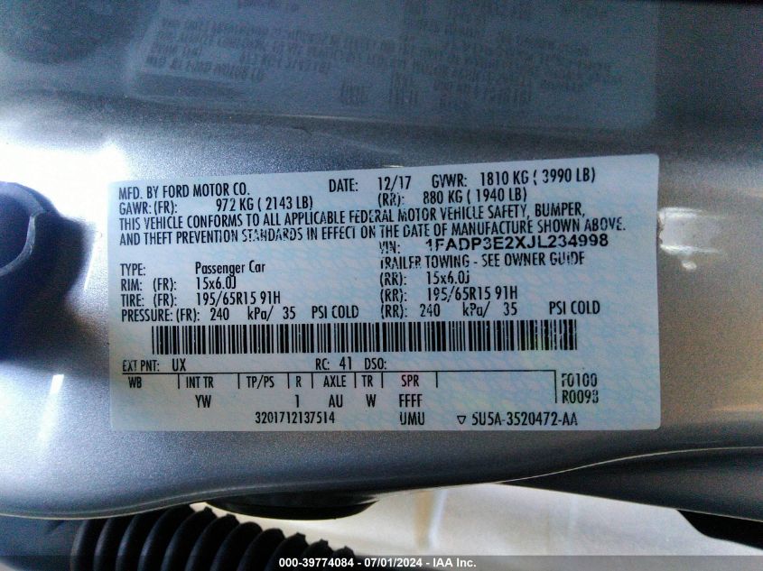 2018 Ford Focus S VIN: 1FADP3E2XJL234998 Lot: 39774084