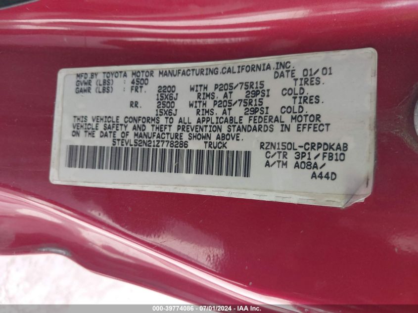 2001 Toyota Tacoma VIN: 5TEVL52N21Z778286 Lot: 39774086