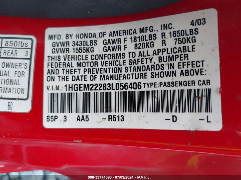 2003 Honda Civic Dx VIN: 1HGEM22283L056406 Lot: 39774093