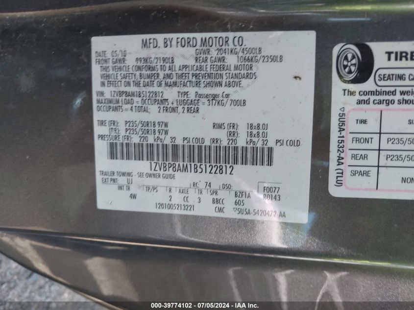 2011 Ford Mustang V6 Premium VIN: 1ZVBP8AM1B5122812 Lot: 39774102