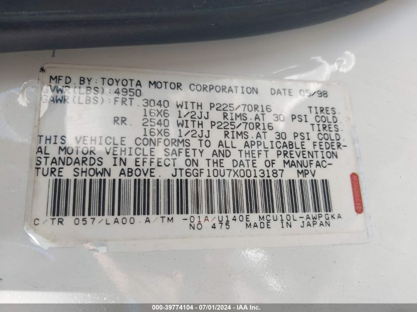 1999 Lexus Rx 300 VIN: JT6GF10U7X0013187 Lot: 39774104