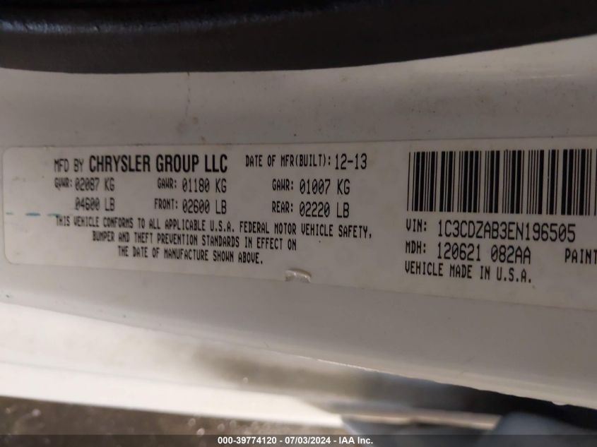 2014 Dodge Avenger Se VIN: 1C3CDZAB3EN196505 Lot: 39774120