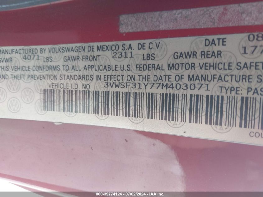 2007 Volkswagen New Beetle 2.5 VIN: 3VWSF31Y77M403071 Lot: 39774124
