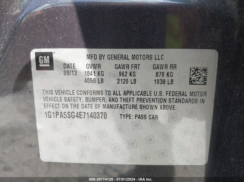 2014 Chevrolet Cruze Ls Auto VIN: 1G1PA5SG4E7140370 Lot: 39774125