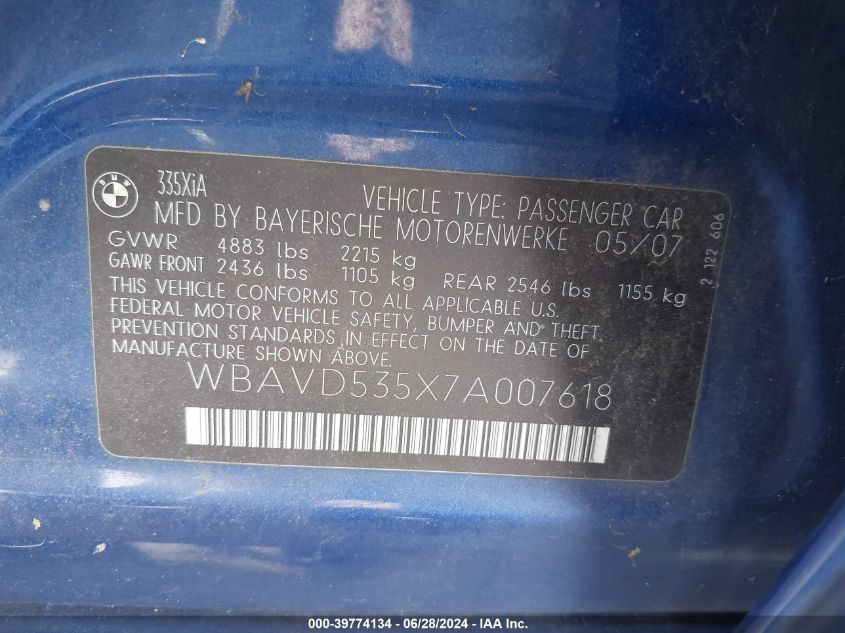 2007 BMW 335Xi VIN: WBAVD535X7A007618 Lot: 39774134