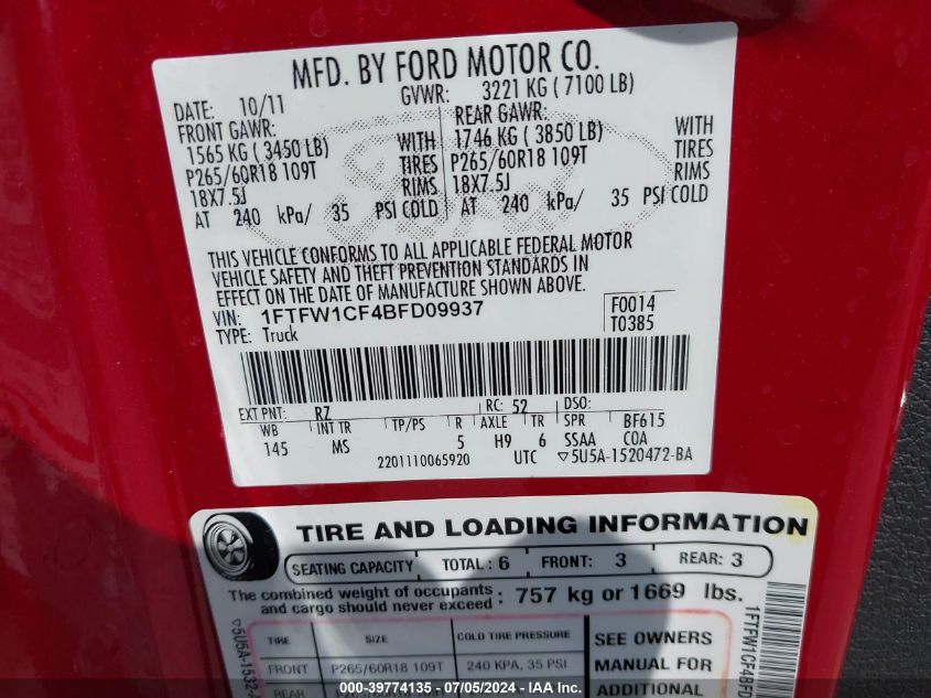 2011 Ford F-150 Xlt VIN: 1FTFW1CF4BFD09937 Lot: 39774135