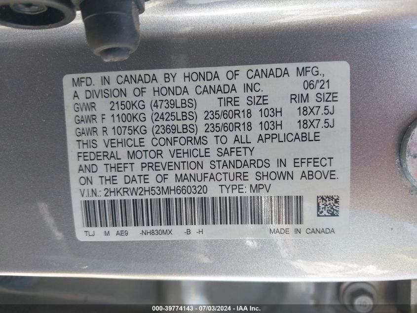 2021 Honda Cr-V Awd Ex VIN: 2HKRW2H53MH660320 Lot: 39774143