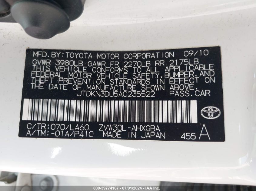 2010 Toyota Prius V VIN: JTDKN3DU5A0235522 Lot: 39774167