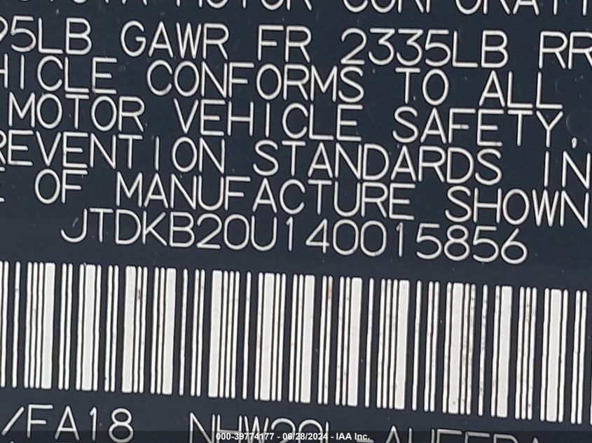 2004 Toyota Prius VIN: JTDKB20U140015856 Lot: 39774177