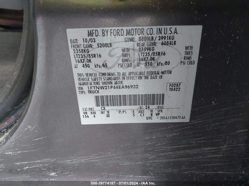 2004 Ford F-250 Lariat/Xl/Xlt VIN: 1FTNW21P44EA96932 Lot: 39774187