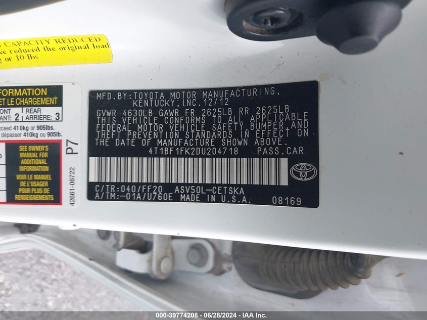 2013 Toyota Camry Se VIN: 4T1BF1FK2DU204718 Lot: 39774208