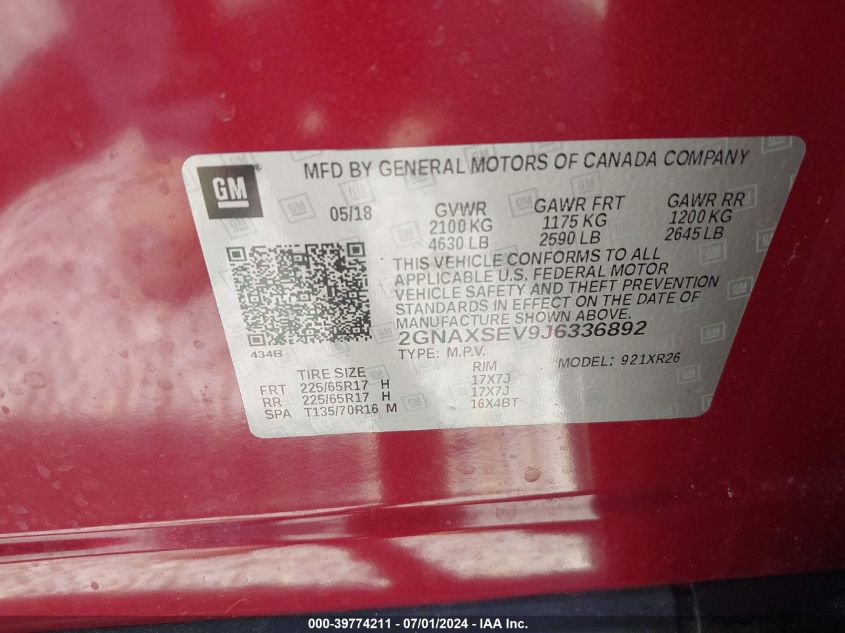 2018 Chevrolet Equinox Lt VIN: 2GNAXSEV9J6336892 Lot: 39774211