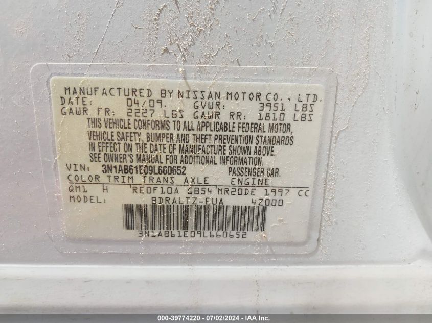 2009 Nissan Sentra 2.0/2.0S/2.0Sl VIN: 3N1AB61E09L660652 Lot: 39774220