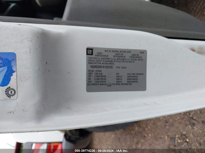 2008 Chevrolet Express Work Van VIN: 1GCHG35K181229125 Lot: 39774226