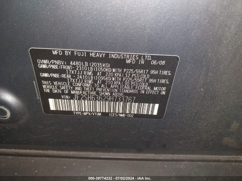 2009 Subaru Forester 2.5X VIN: JF2SH63629H733767 Lot: 39774232