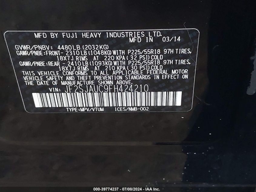 2015 Subaru Forester 2.5I Touring VIN: JF2SJAUC9FH424210 Lot: 39774237