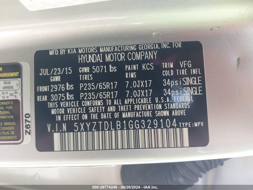 2016 Hyundai Santa Fe Sport 2.4L VIN: 5XYZTDLB1GG329104 Lot: 39774240