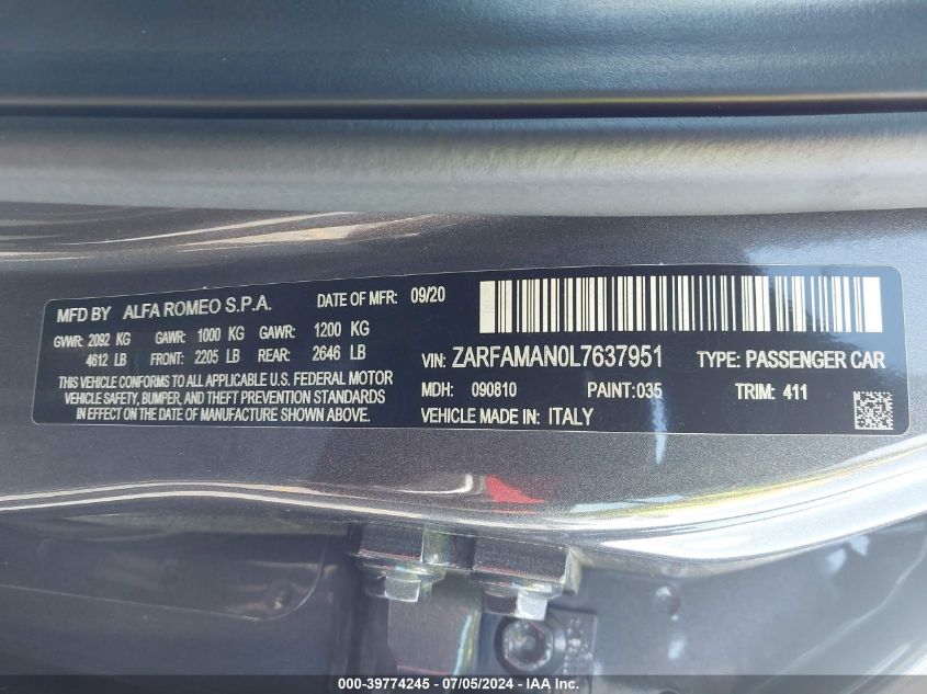 2020 Alfa Romeo Giulia Sport Rwd VIN: ZARFAMAN0L7637951 Lot: 39774245