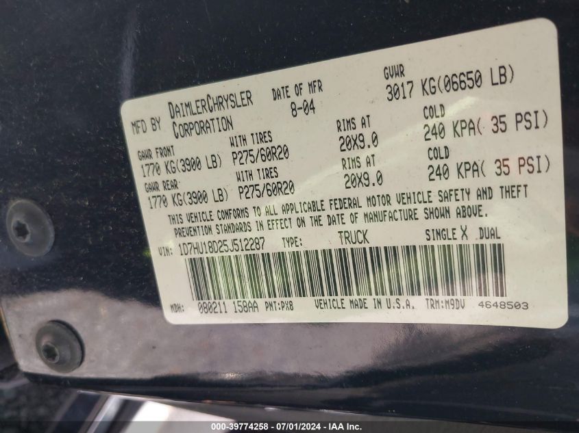 2005 Dodge Ram 1500 Slt/Laramie VIN: 1D7HU18D25J512287 Lot: 39774258