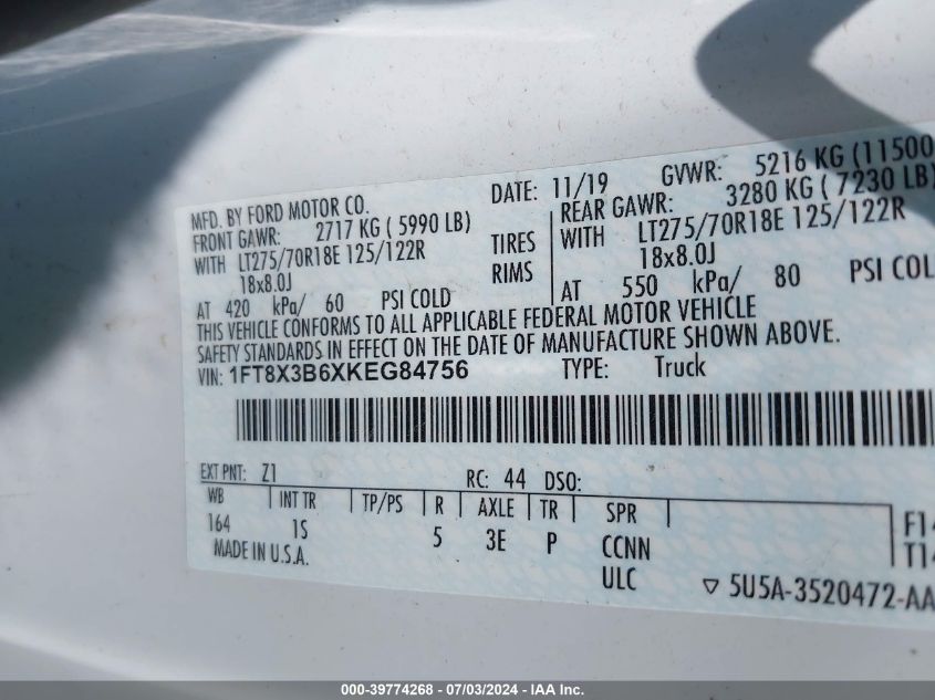 2019 Ford F-350 VIN: 1FT8X3B6XKEG84755 Lot: 39774268