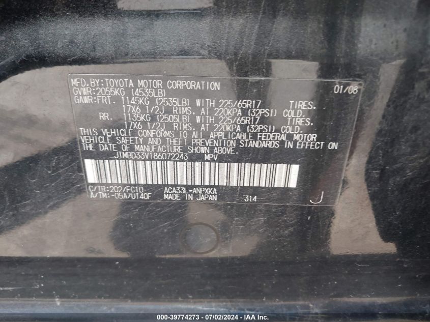 2008 Toyota Rav4 VIN: JTMBD33V186072243 Lot: 39774273