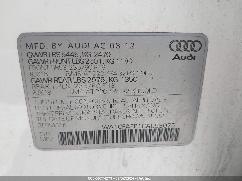 2012 Audi Q5 2.0T Premium VIN: WA1CFAFP1CA093075 Lot: 39774279