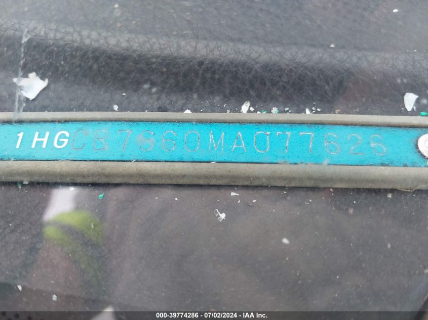 1991 Honda Accord Ex/Ex-R VIN: 1HGCB7660MA077626 Lot: 39774286