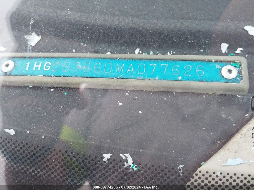 1991 Honda Accord Ex/Ex-R VIN: 1HGCB7660MA077626 Lot: 39774286