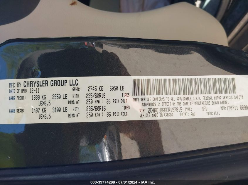 2012 Chrysler Town & Country Touring VIN: 2C4RC1BG6CR197815 Lot: 39774288