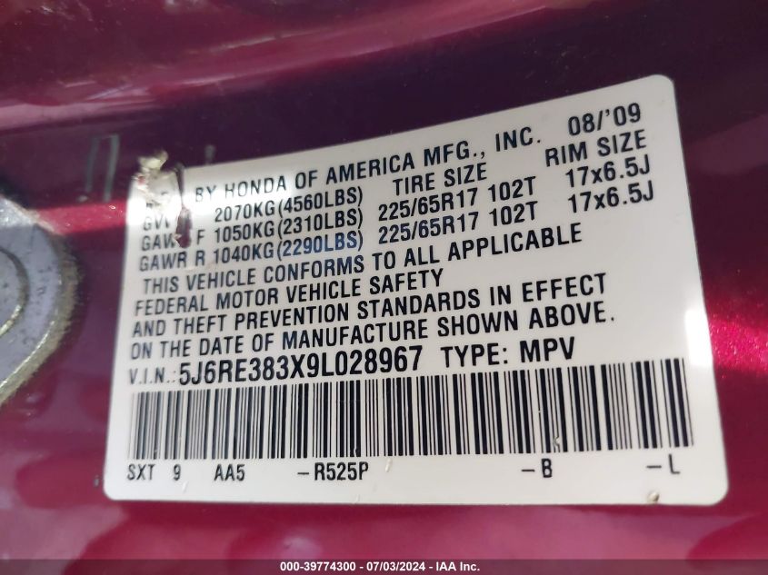 2009 Honda Cr-V Lx VIN: 5J6RE383X9L028967 Lot: 39774300