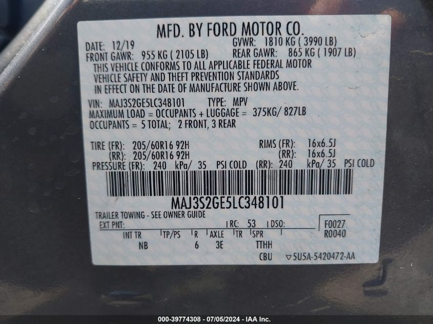 2020 Ford Ecosport Se VIN: MAJ3S2GE5LC348101 Lot: 39774308