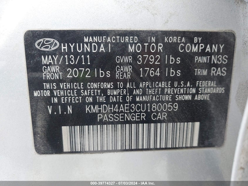 2012 Hyundai Elantra Limited (Ulsan Plant) VIN: KMHDH4AE3CU180059 Lot: 39774327