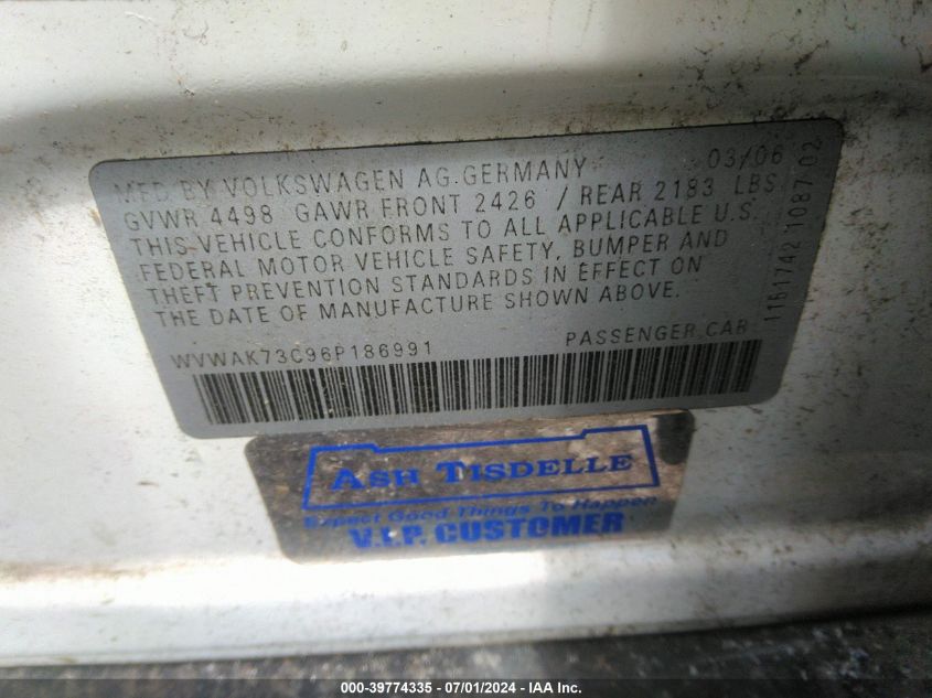 2006 Volkswagen Passat 2.0T/Value Edition VIN: WVWAK73C96P186991 Lot: 39774335