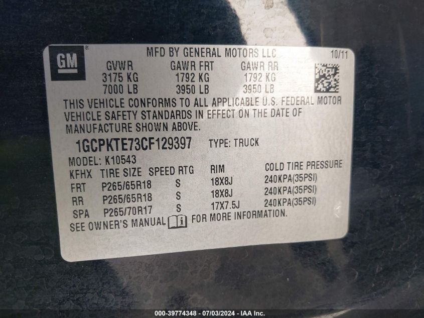 2012 Chevrolet Silverado 1500 Ltz VIN: 1GCPKTE73CF129397 Lot: 39774348