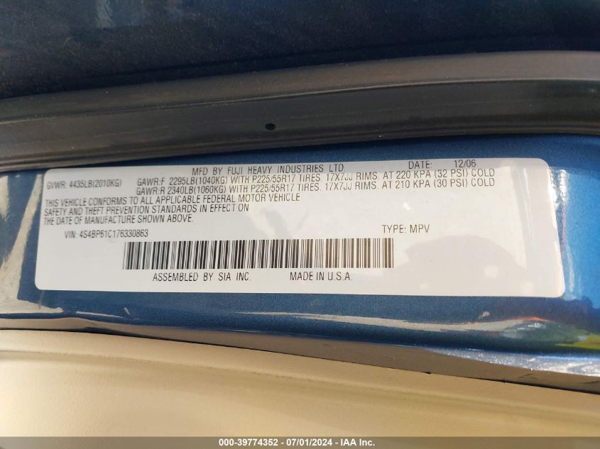 2007 Subaru Outback 2.5I VIN: 4S4BP61C176330863 Lot: 39774352