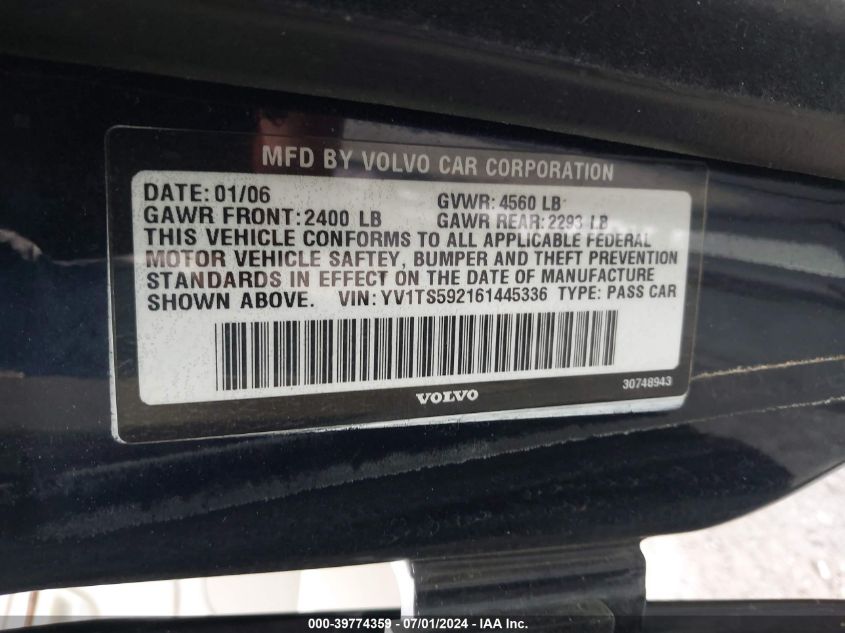 2006 Volvo S80 2.5T VIN: YV1TS592161445336 Lot: 39774359