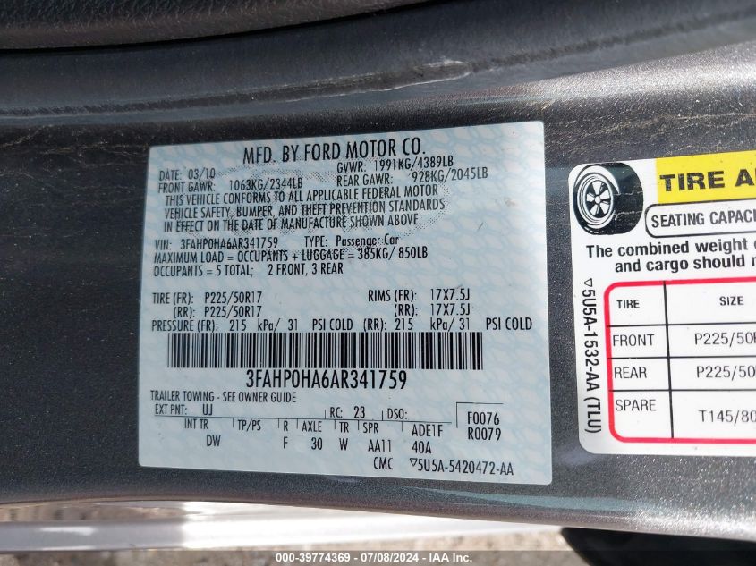 2010 Ford Fusion Se VIN: 3FAHP0HA6AR341759 Lot: 39774369