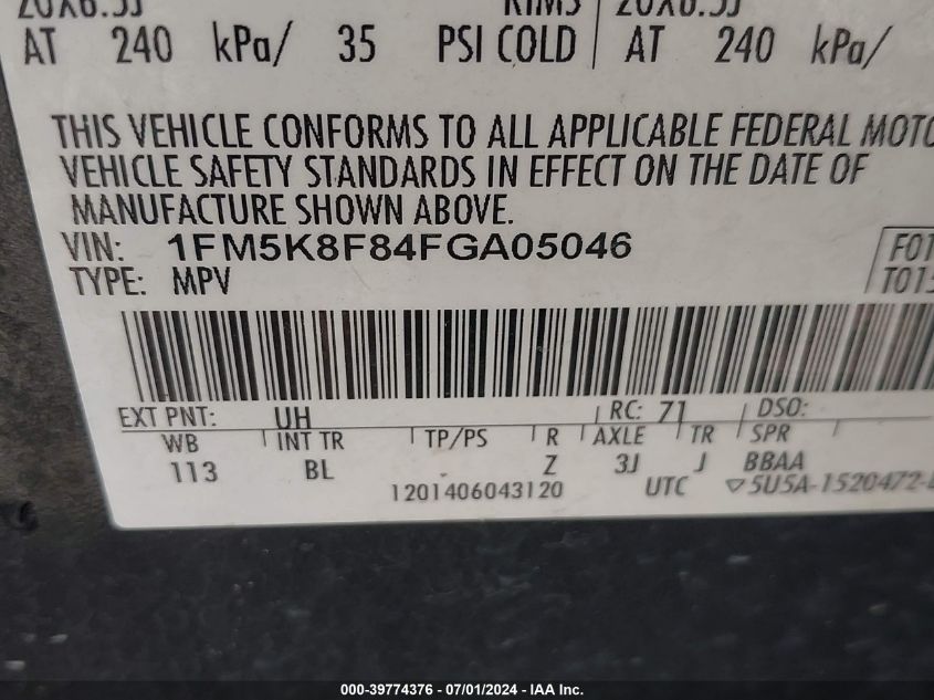 2015 Ford Explorer Limited VIN: 1FM5K8F84FGA05046 Lot: 39774376