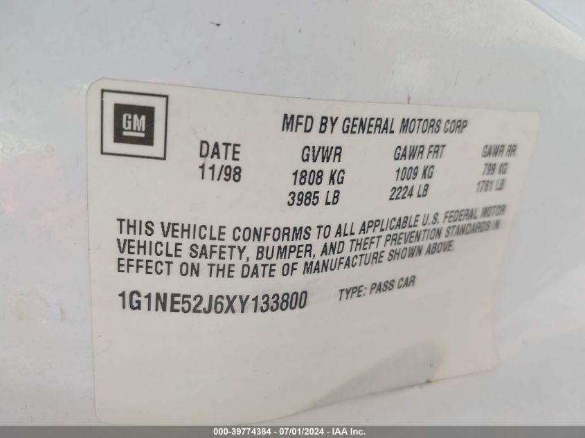 1999 Chevrolet Malibu Ls VIN: 1G1NE52J6XY133800 Lot: 39774384