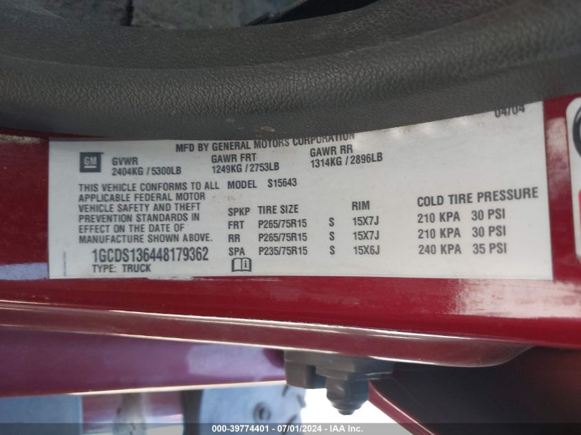 2004 Chevrolet Colorado Ls VIN: 1GCDS136448179362 Lot: 39774401