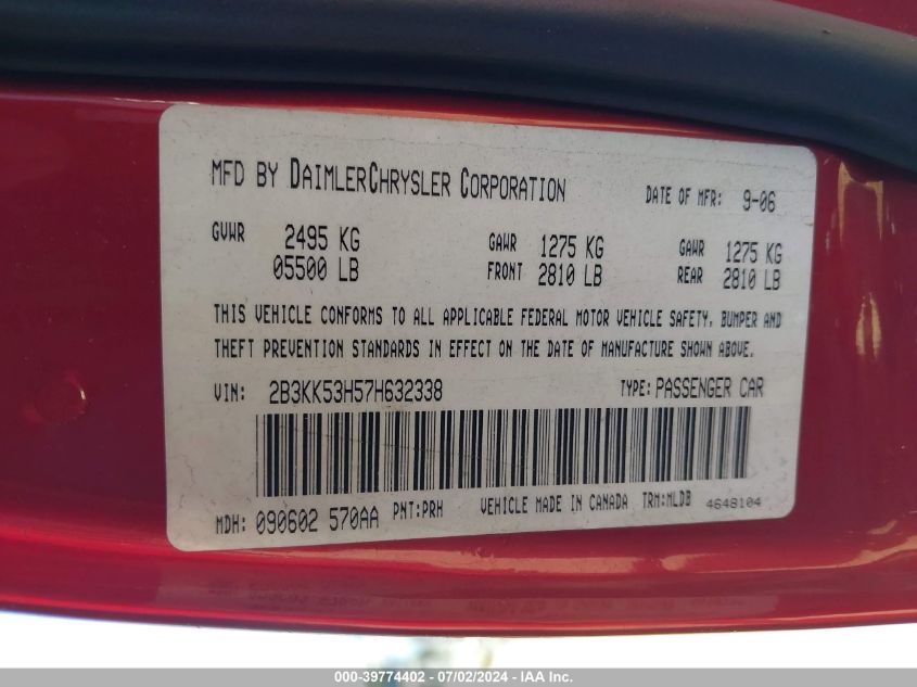 2007 Dodge Charger Rt VIN: 2B3KK53H57H632338 Lot: 39774402