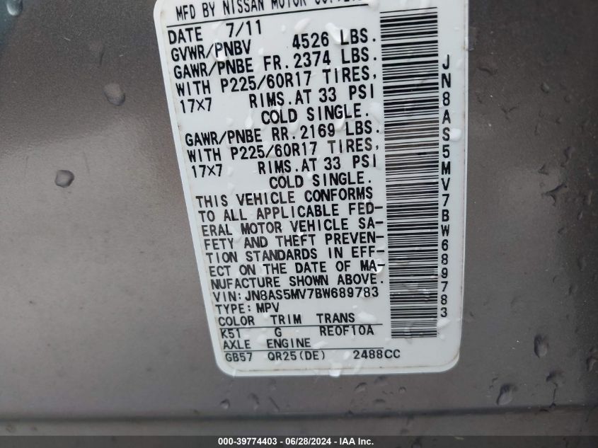 2011 Nissan Rogue Sv VIN: JN8AS5MV7BW689783 Lot: 39774403