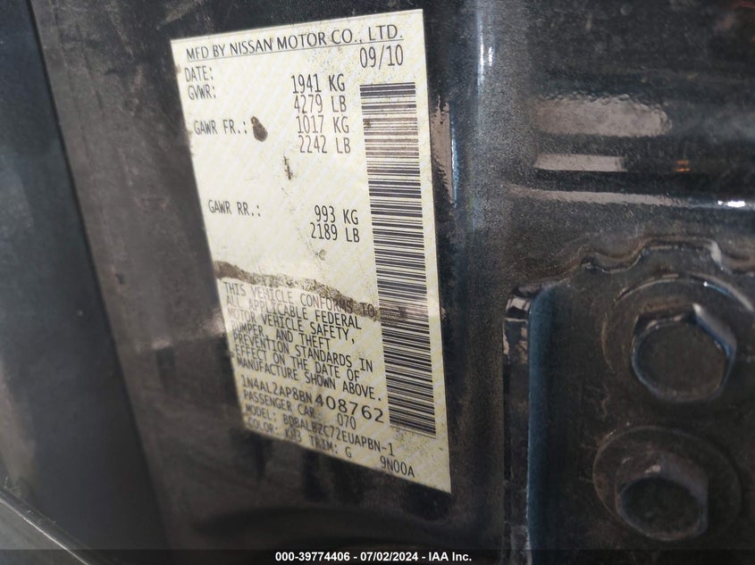 2011 Nissan Altima 2.5 S VIN: 1N4AL2AP8BN408762 Lot: 39774406