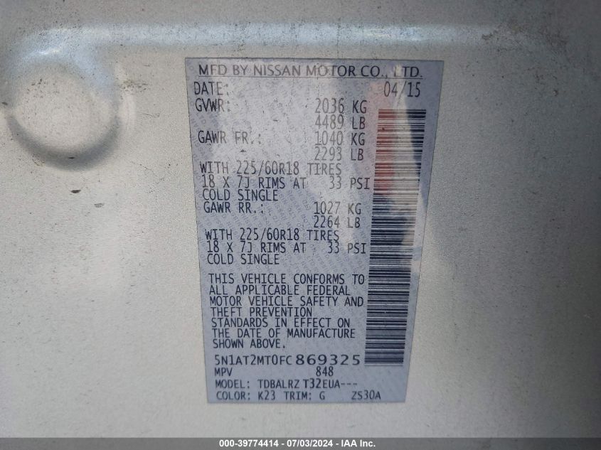 2015 Nissan Rogue Sl VIN: 5N1AT2MT0FC869325 Lot: 39774414