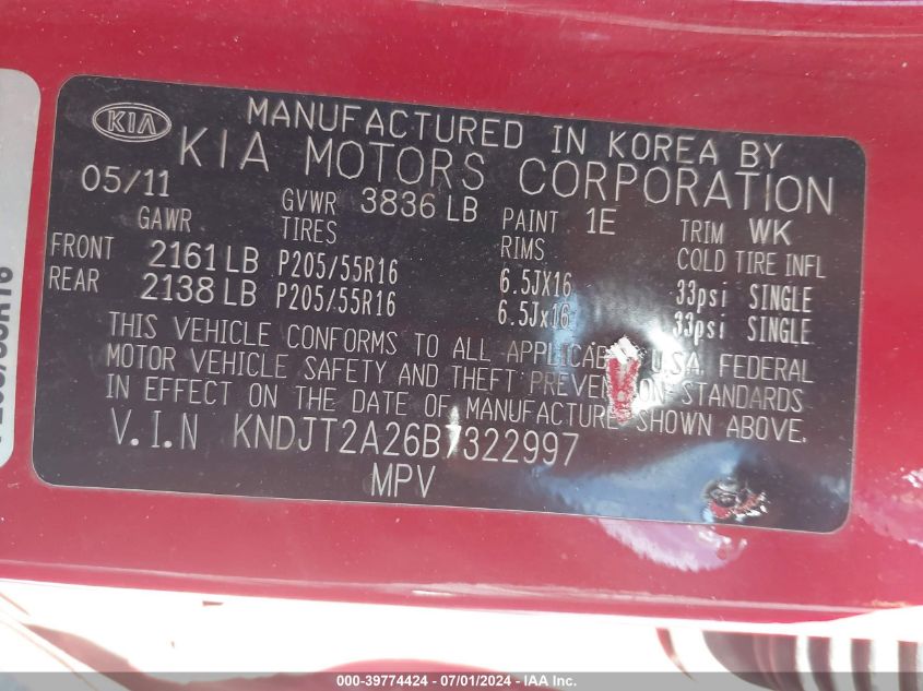 2011 Kia Soul + VIN: KNDJT2A26B7322997 Lot: 39774424