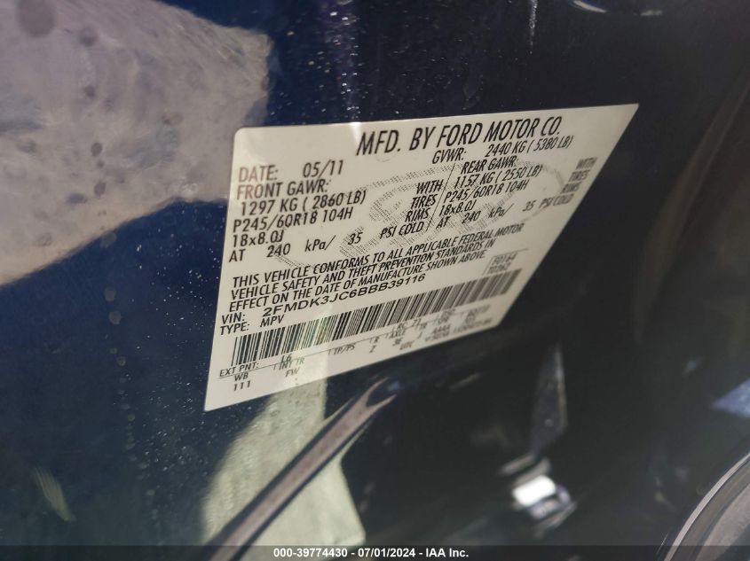 2011 Ford Edge Sel VIN: 2FMDK3JC6BBB39116 Lot: 39774430